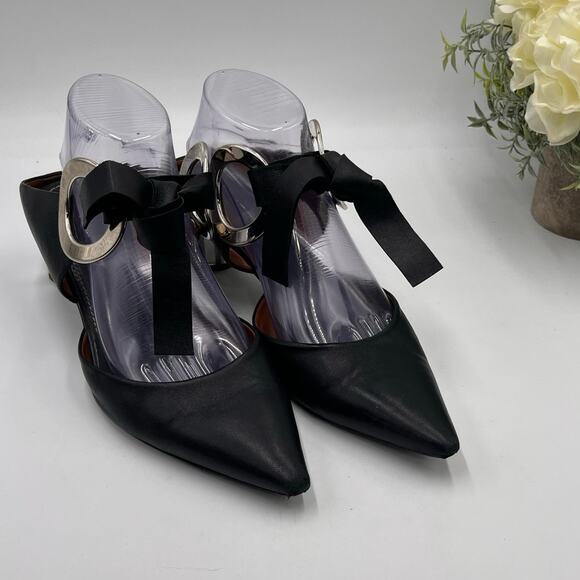 Proenza Schouler Black Leather Grommet Tie Block Mirrored Mules Heel Sz 41/10 - Picture 1 of 12